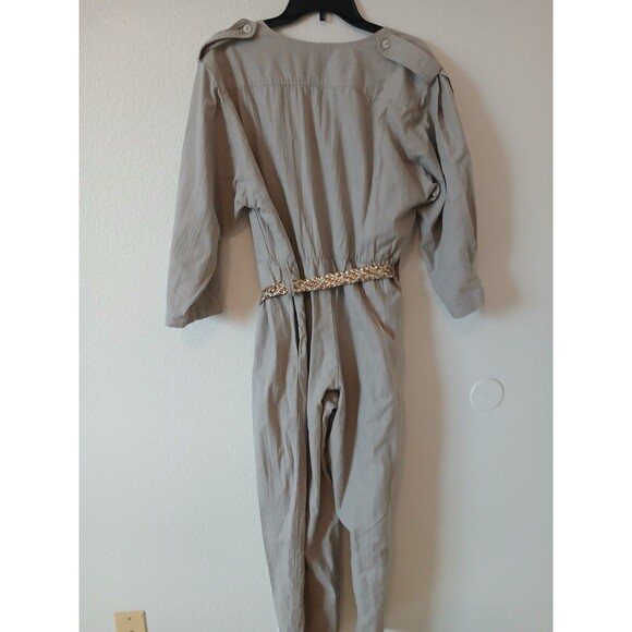 ACT I Womens Jumpsuit Beige Button Up Zipper Pockets 3/4 Sleeve Belt 90’s M - Picture 2 of 16